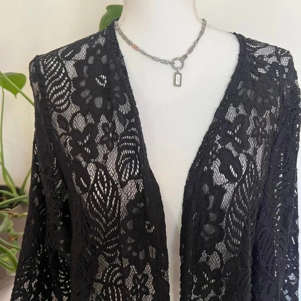 Y2K Whimsigoth Black Lace Long Sleeve Cardigan with Fringe Hem 3X Plus Size - Picture 7 of 8